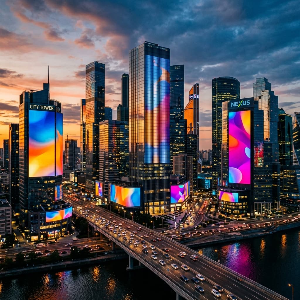 OOH Advertising cityscape with illuminated billboards